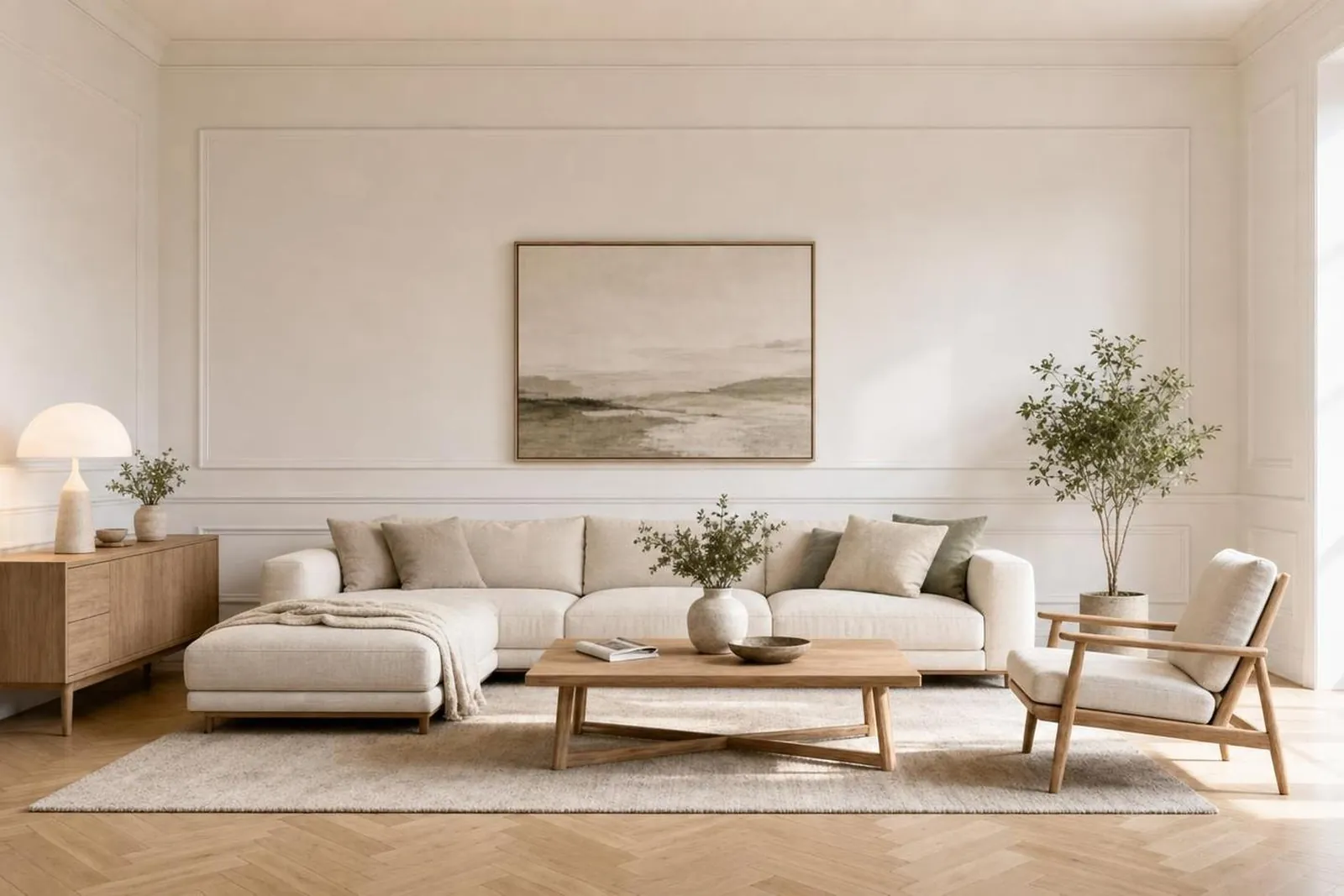 A bright living room with wall panelling and a herringbone floor, staged in a warm minimal direction